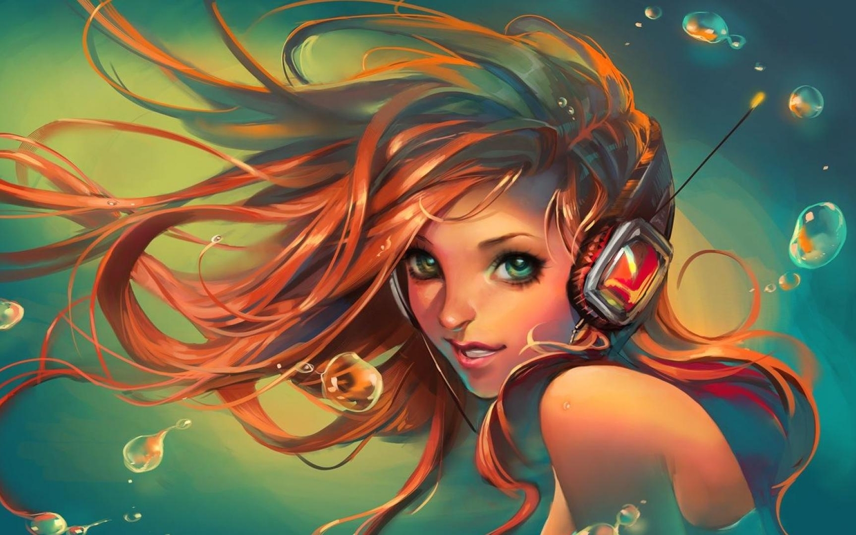 Картинка: Девушка, русалка, наушники, слушает, длинные волосы, вода, пузыри, рисунок