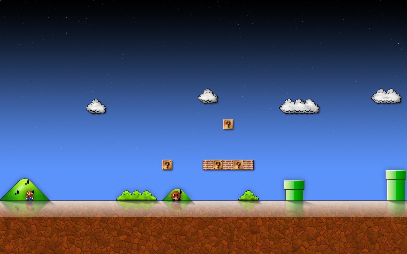 Картинка: Super Mario Bros, игра, Гумба, враг, трубы, канализация, вопросы, облака, Марио, братья