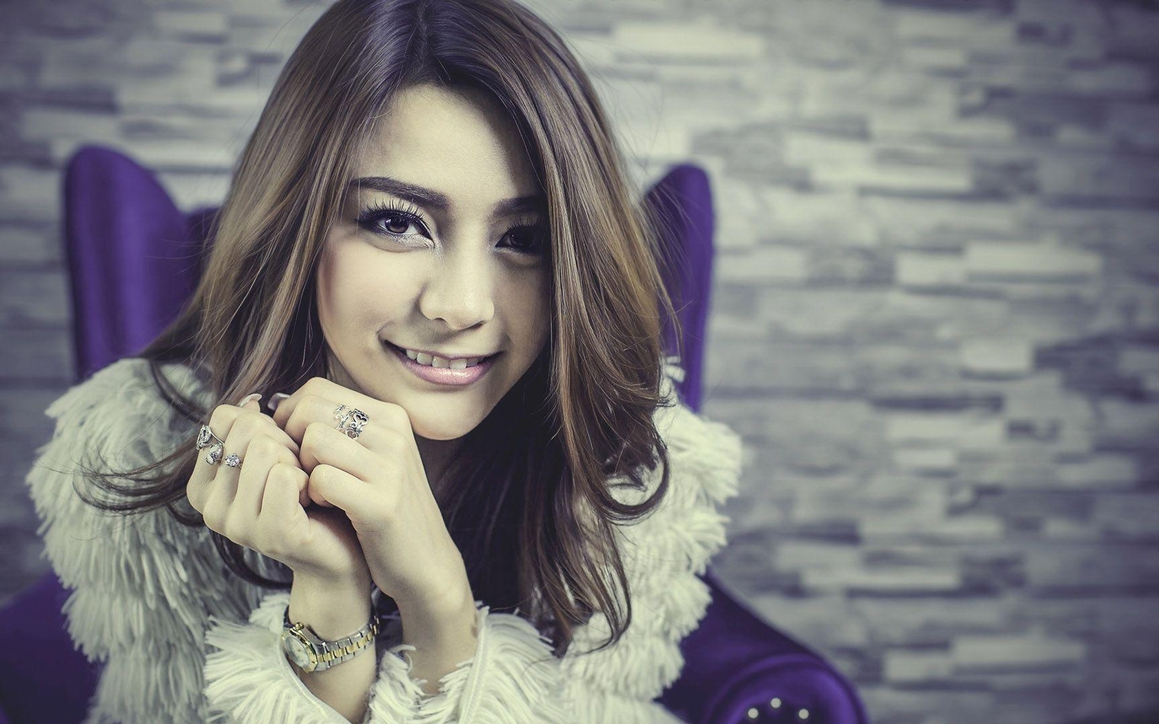 Image: Girl, smiling, asian, jewelry, watch, chair