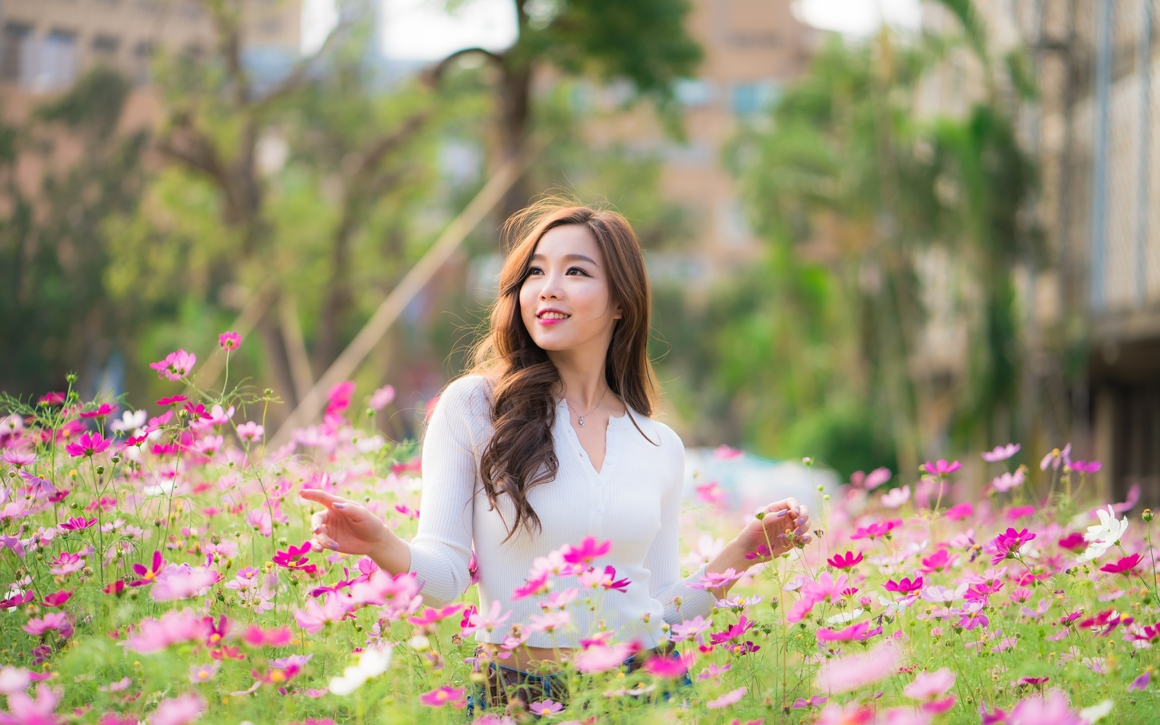 Image: Girl, smile, field, flowers, mood, summer
