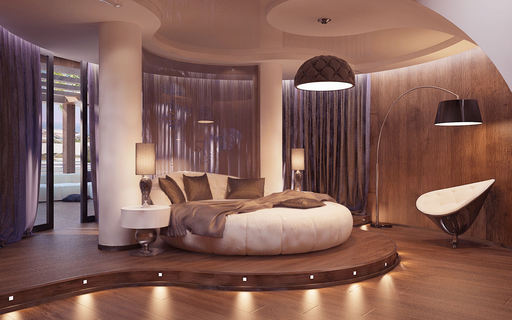Картинка: Спальня, кровать, круглая, подушки, светильник, торшер, шторы, колонны