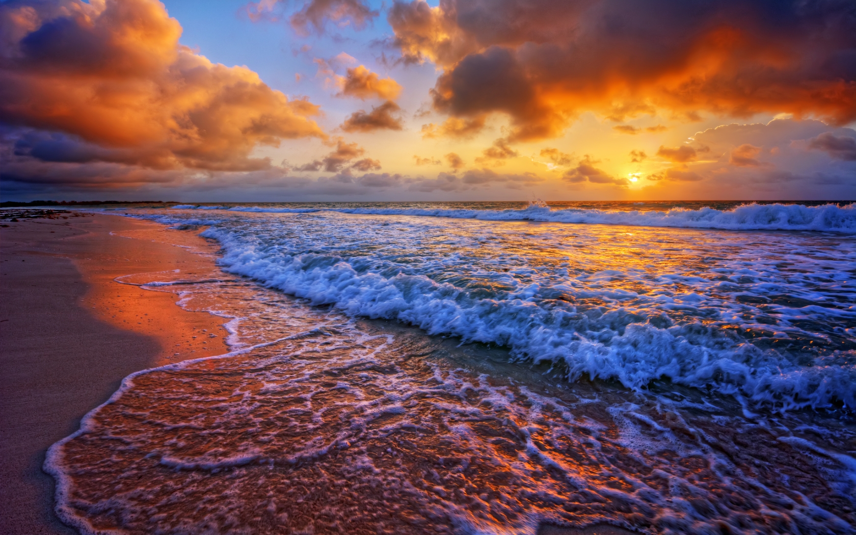 Картинка: Вода, море, океан, суша, песок, волны, пена, небо, облака, горизонт, пейзаж, закат