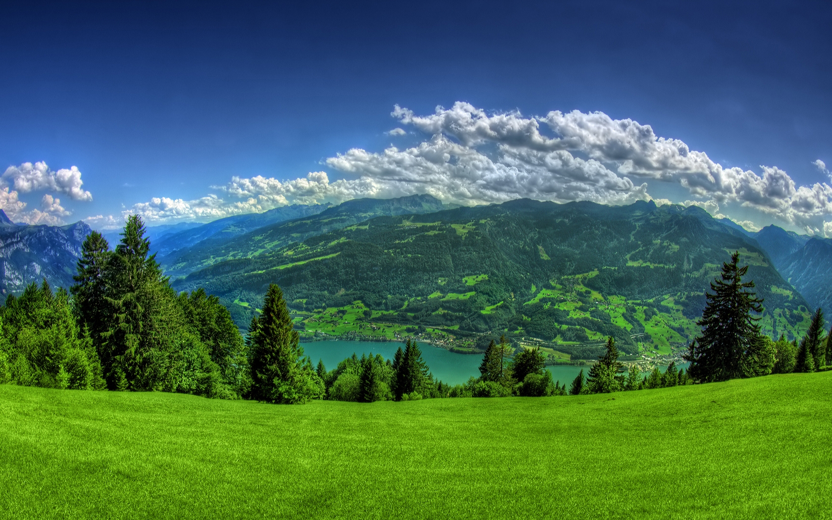 Image: water, clouds, mountains, sky, field, trees, nature