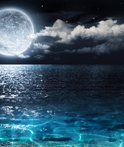 Картинка: Ночь, луна, море, звезды, облака, 3D