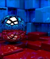 Картинка: Шар, сфера, кубы, отражение, комната, красный, синий