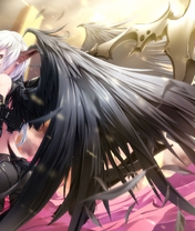 Image: Girl, wings, feathers, back, gear, weapons, scythe, look, white hair, cloak