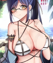 Картинка: Chiyo, девушка, очки, стесняется, улыбка, купальник, большая грудь