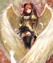 Картинка: Девушка, красноволосая, крылья, перья, снежинки, ангел