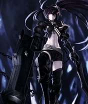 Image: Black Rock Shooter, look, shorts, chains, domination, hair, girl, weapon, glow, long hair, belts, purple eyes, necklaces, anime girls, glowing eyes