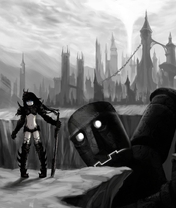Image: Warrior, mecnica, sword, dark, robot, pit, town