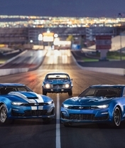 Картинка: Chevrolet Camaro, синий, дорога, город, автомагистраль