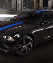 Image: Dodge, Charger, Mopar, black, sports car, blue stripe.