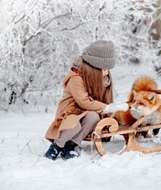 Image: Girl, sleigh, fox, winter, snow
