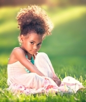 Image: Girl, hairstyle, dress, look, sitting, grass