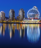 Картинка: Ванкувер, Канада, Vancouver, Canada, Научный центр, здания, высотки, река, огни, отражение