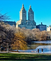 Картинка: Парк, здания, Нью-Йорк, деревья, ветки, озеро, небо, люди