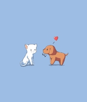 Картинка: Кот, собака, сердечко, рыбка, подарок, фон