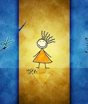 Image: Girls, haircut, scissors, skirt, blue, yellow, strip, big-eyed