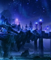 Картинка: Замок, дом, скалы, мост, фонари, огни, ночь, звёзды