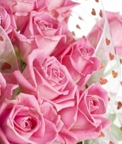 Картинка: Розы, букет, розовый, лепестки, лента, сердечки, романтика, белый фон