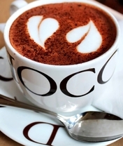 Image: Cappuccino, espresso, foam, hearts, illustration, mug, saucer, spoon