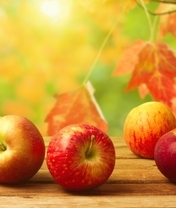 Картинка: Яблоки, красные, лежат, листья