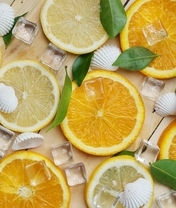 Картинка: Лимон, апельсин, дольки, лёд, ракушки