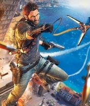 Картинка: Just Cause 3, главный герой, персонаж, мужчина, пистолет, снаряжение, вертолёт, ракеты, взрыв, здания, вода, высота