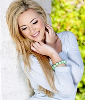Image: Blonde, smile, joy, makeup, hair, bracelet, wall