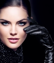 Image: Girl, model, brunette, face, makeup, eyebrows, eyes, eyelashes, lips, scarf, glove