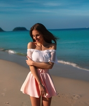 Image: Galina Dubenenko, model, smile, mood, girl, skirt, pink, posing, sea, sand