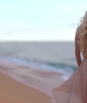 Картинка: Девушка, блондинка, волосы, спина, платье, песок, пляж, вода, море, небо, горизонт