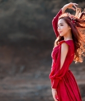 Image: Asian, model, girl, hair, dress, red, wind