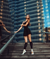 Image: Ballerina, standing, stairs, buildings, skyscrapers, stairs, pose, stand, pointe shoes, dress, legs, posing, railing, holding