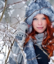 Image: Girl, face, smile, red, hat, fur, winter, branches, snow
