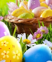 Картинка: Корзинка, Пасха, яйца, цветы, трава, ленточки