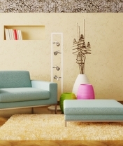 Картинка: Кресло, светильники, вазы, декор, ковёр, стены, книги
