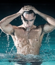 Картинка: Парень, взгляд, тело, мышцы, бассейн, вода, капли, брызги