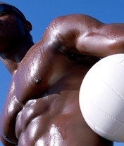 Картинка: Мужчина, парень, темнокожий, мышцы, торс, очки, мяч, небо