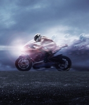 Картинка: Байк, гонщик, скорость, свет, небо, дорога
