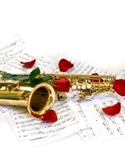 Картинка: Саксофон, инструмент, лепестки розы, ноты, белый фон