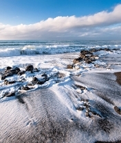 Картинка: Берег, волны, пена, песок, вода, море, небо, облака, горизонт