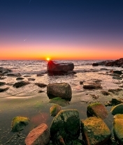 Image: Sea, shore, stones, sunset, horizon, sun