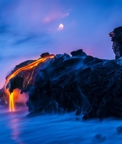 Картинка: Лава, скалы, вода, пары, кипение