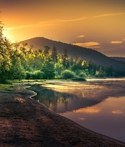 Image: Sunset, trees, water, lake, reflection, shore, mountains, sky