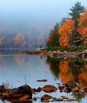 Картинка: Осень, пейзаж, деревья, листья, камни, вода, озеро, отражение, туман