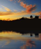 Image: Evening, sunset, landscape, house, hill, water, lake, river, trees, clouds, sky