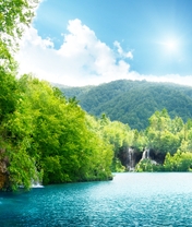 Картинка: Водопад, пейзаж, вода, небо, облака, деревья, горы