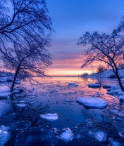 Image: Finland, winter, sunset, body of water, lake, snow, sky, dawn, trees, nature, landscape