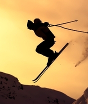 Картинка: Парень, прыжок, лыжи, горы, склон, экстрим, закат